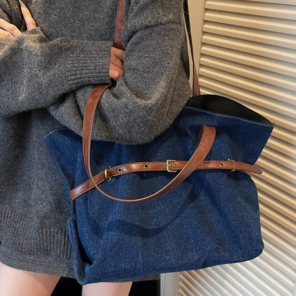 Azzira Belted Denim Tote Bag