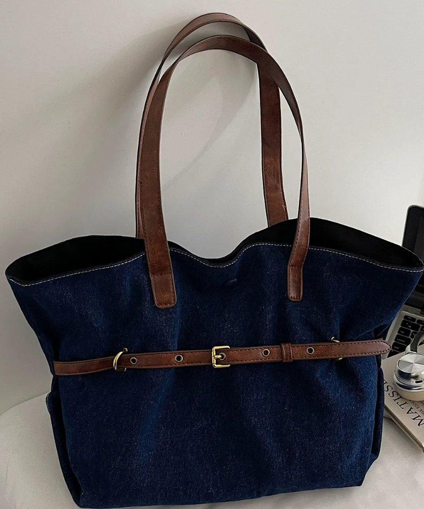 Azzira Belted Denim Tote Bag