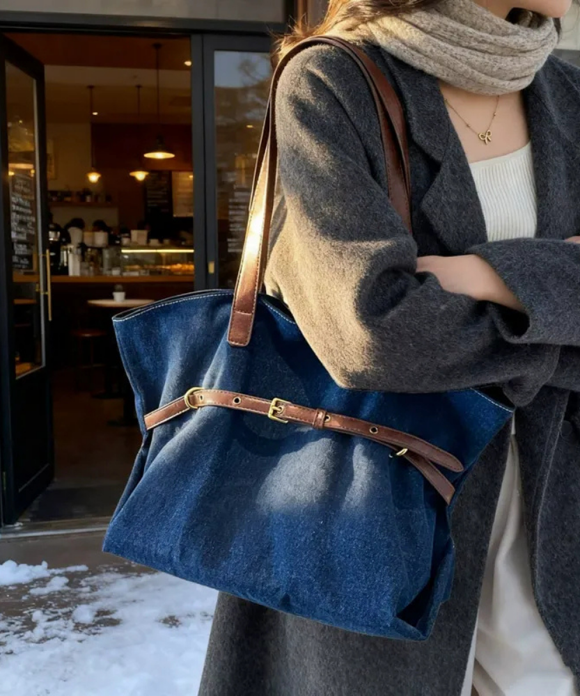Azzira Belted Denim Tote Bag