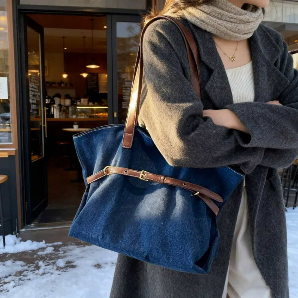 Azzira Belted Denim Tote Bag