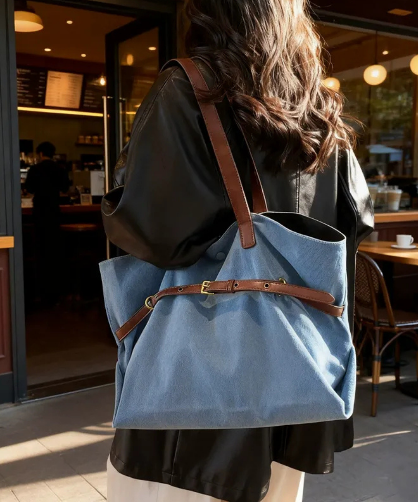 Azzira Belted Denim Tote Bag