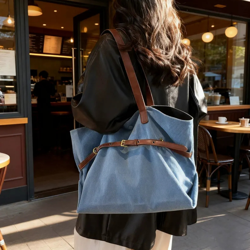 Azzira Belted Denim Tote Bag