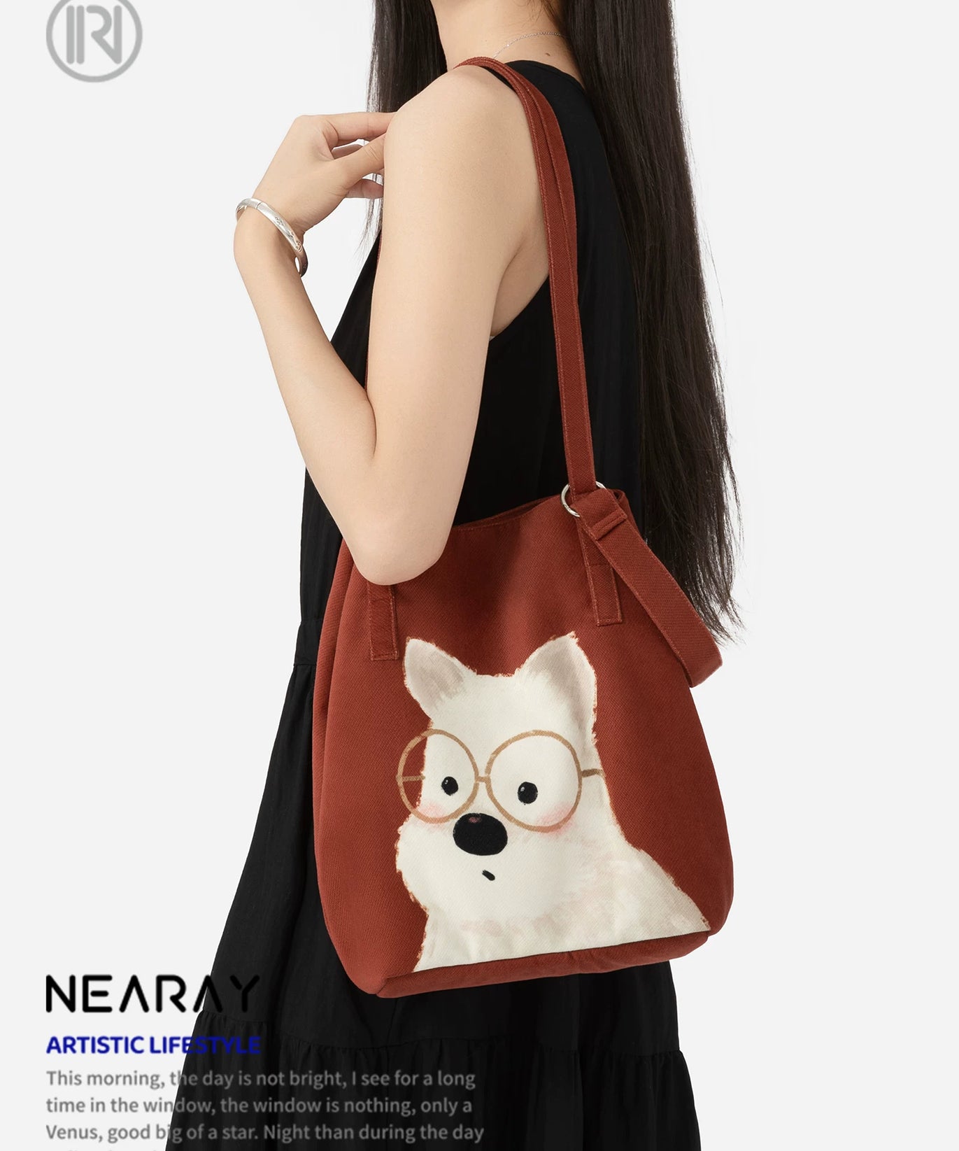 Nirui new red canvas bag, cute puppy, large capacity tote bag, versatile shoulder bag for commuting, women's gift AS
