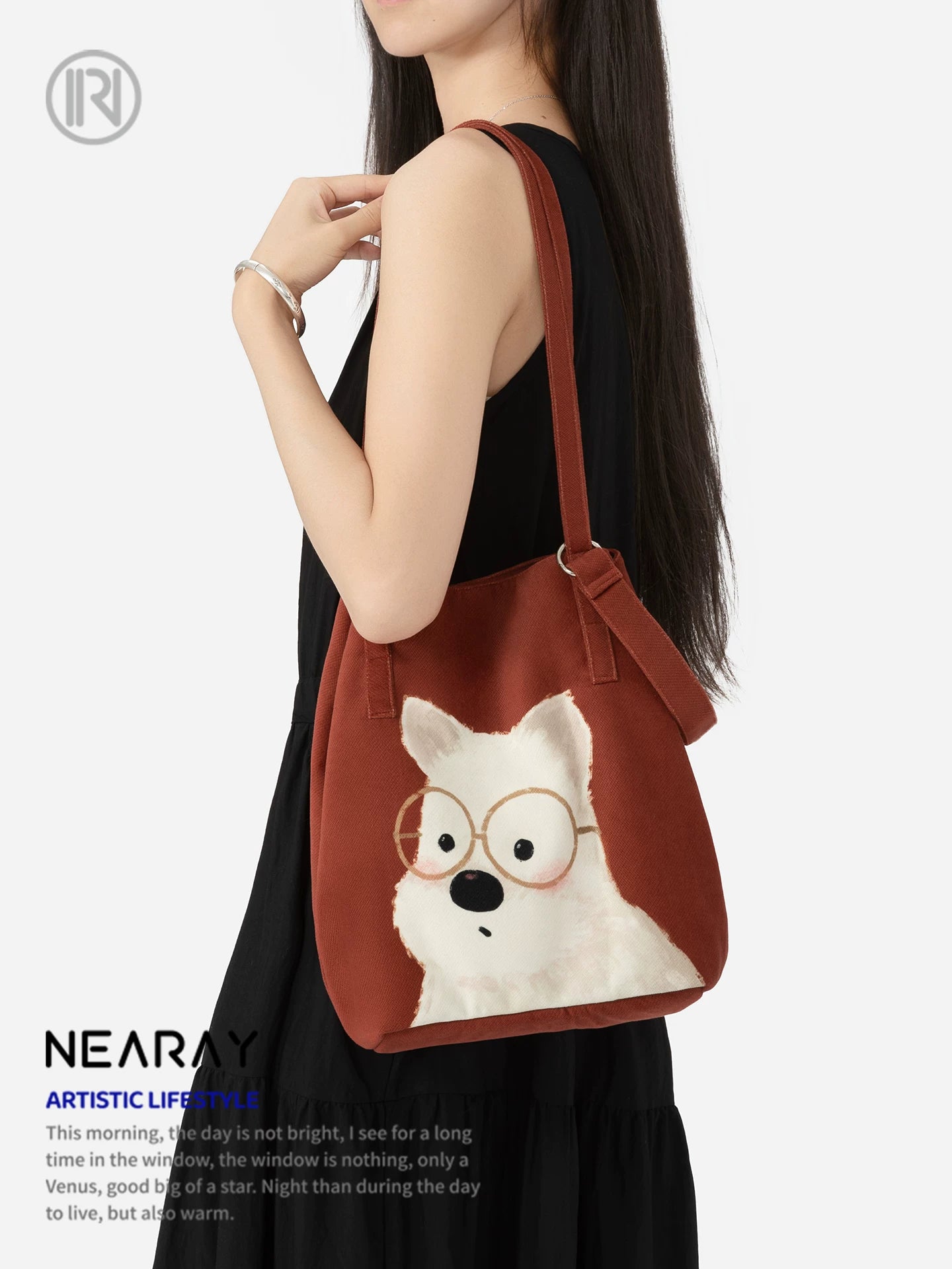 Nirui new red canvas bag, cute puppy, large capacity tote bag, versatile shoulder bag for commuting, women's gift AS